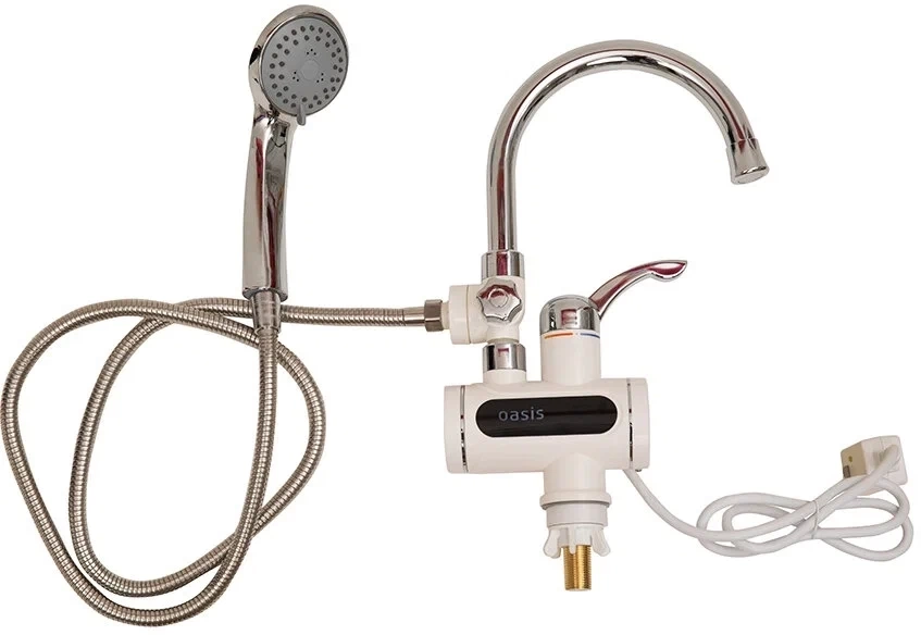 Проточный электрический водонагреватель Oasis EP-3, душ+кран, белый/серебристый фото 1